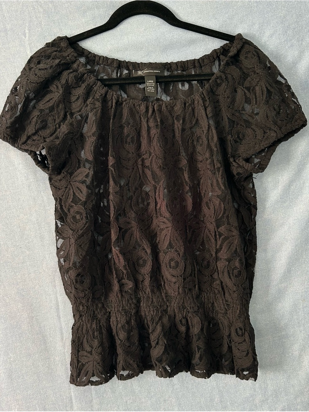 INC See Through Lace Peasant Top - Black SZ L